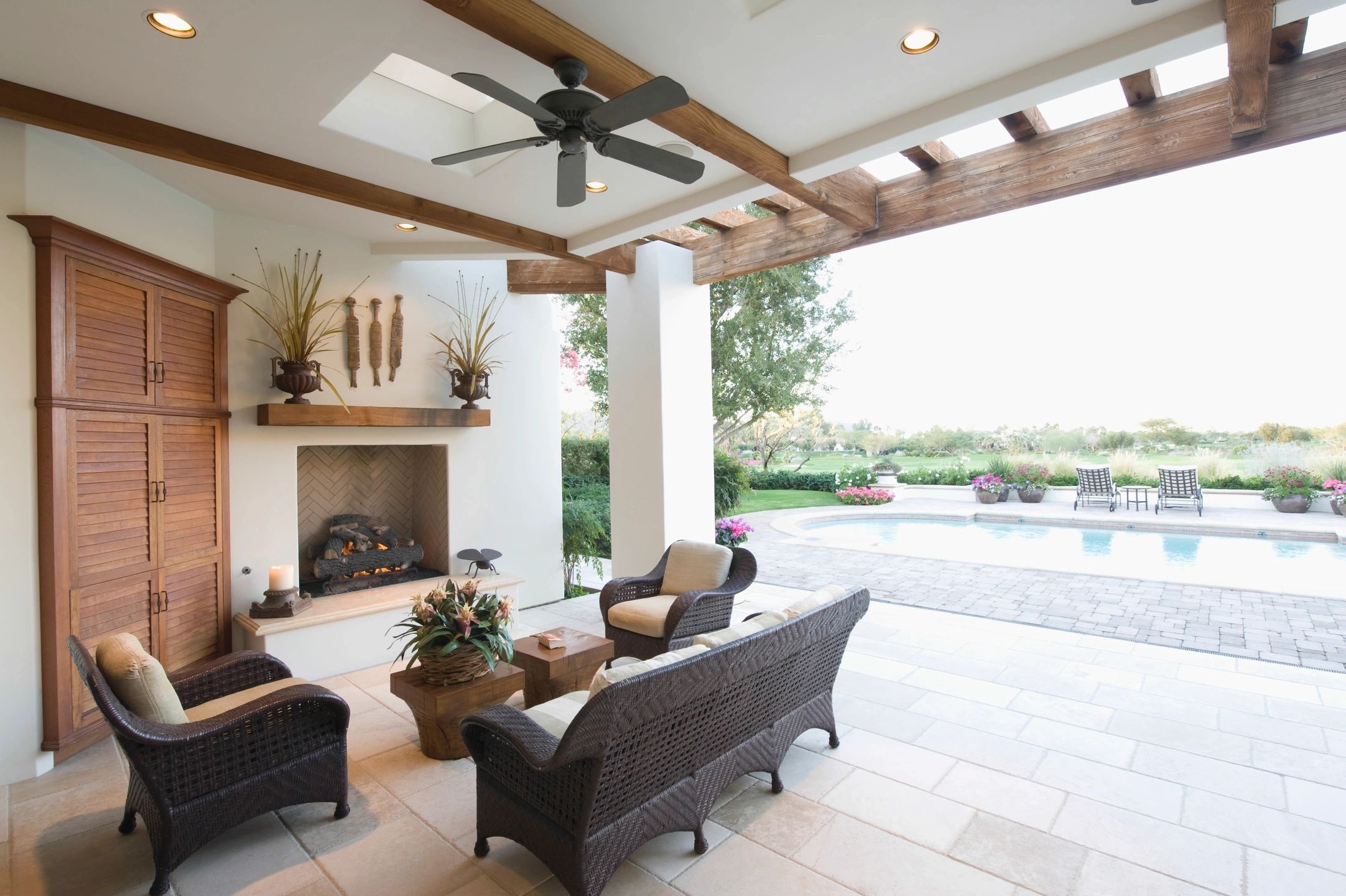 Luxury patio outdoor living space with pool